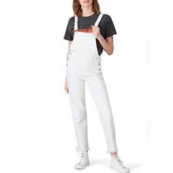J Brand Jules Skinny Fit Raw Hem Button Fly Denim Overalls White Sz XS - Picture 1 of 9